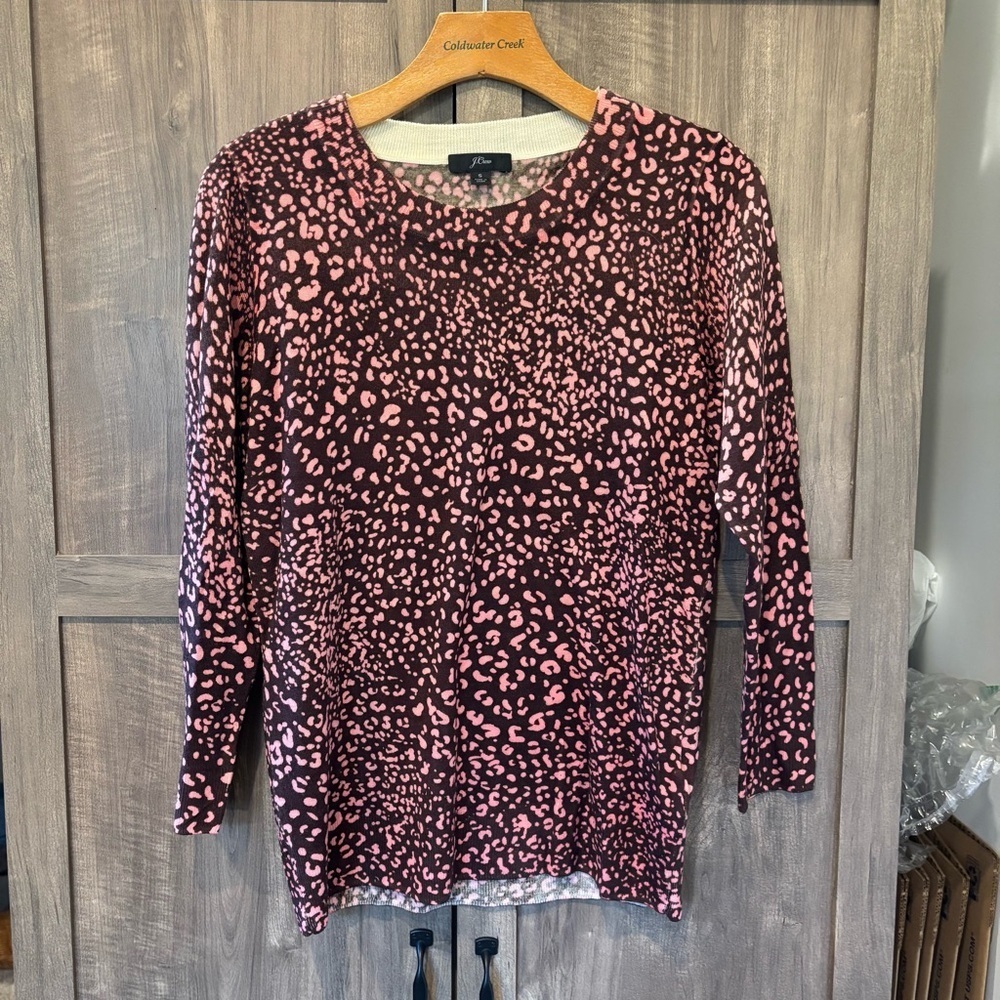 J. Crew small Tippi Sweater Merino Wool Brown‎ Pink Animal Print